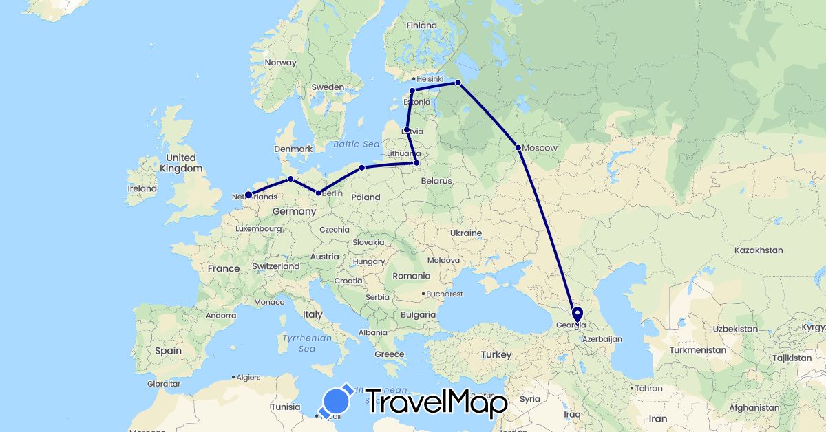 TravelMap itinerary: driving in Germany, Estonia, Georgia, Lithuania, Latvia, Netherlands, Poland, Russia (Asia, Europe)